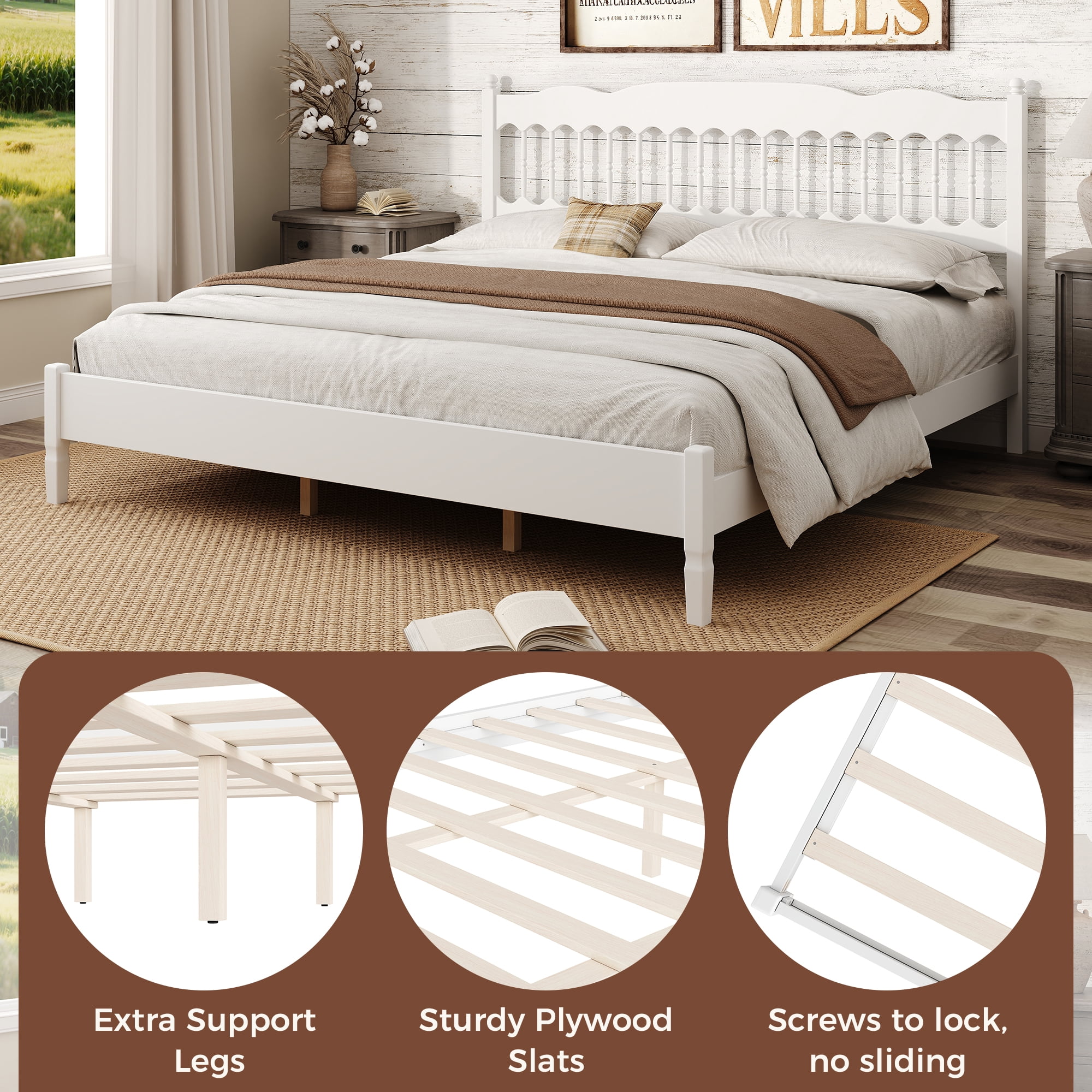 Mintazer Farmhouse King Platform Bed with Spindle Headboard, Vintage Arched Slat Platform Bed Frame for Bedroom, No Box Spring Required, White