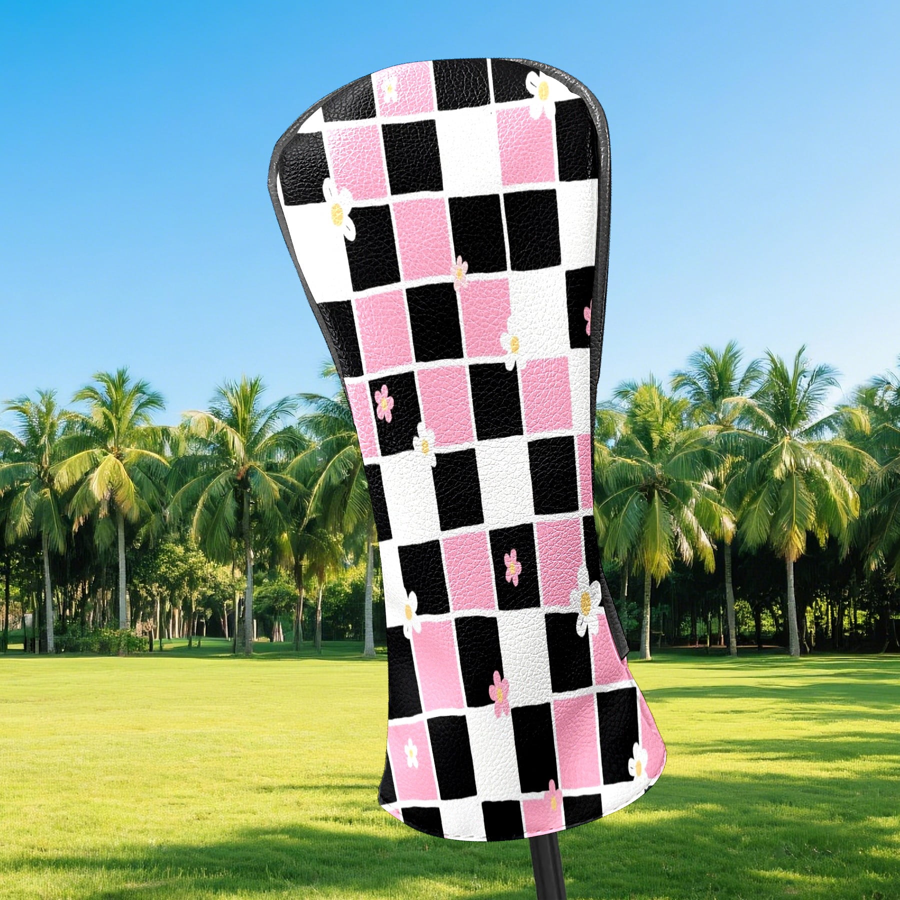 Golf Club Headcovers High Quality Waterproof Leather Golf Head Cover Set Men Women Driver Head Cover Exclusive Gift for Golf Lovers Pink Black Grid Flowers