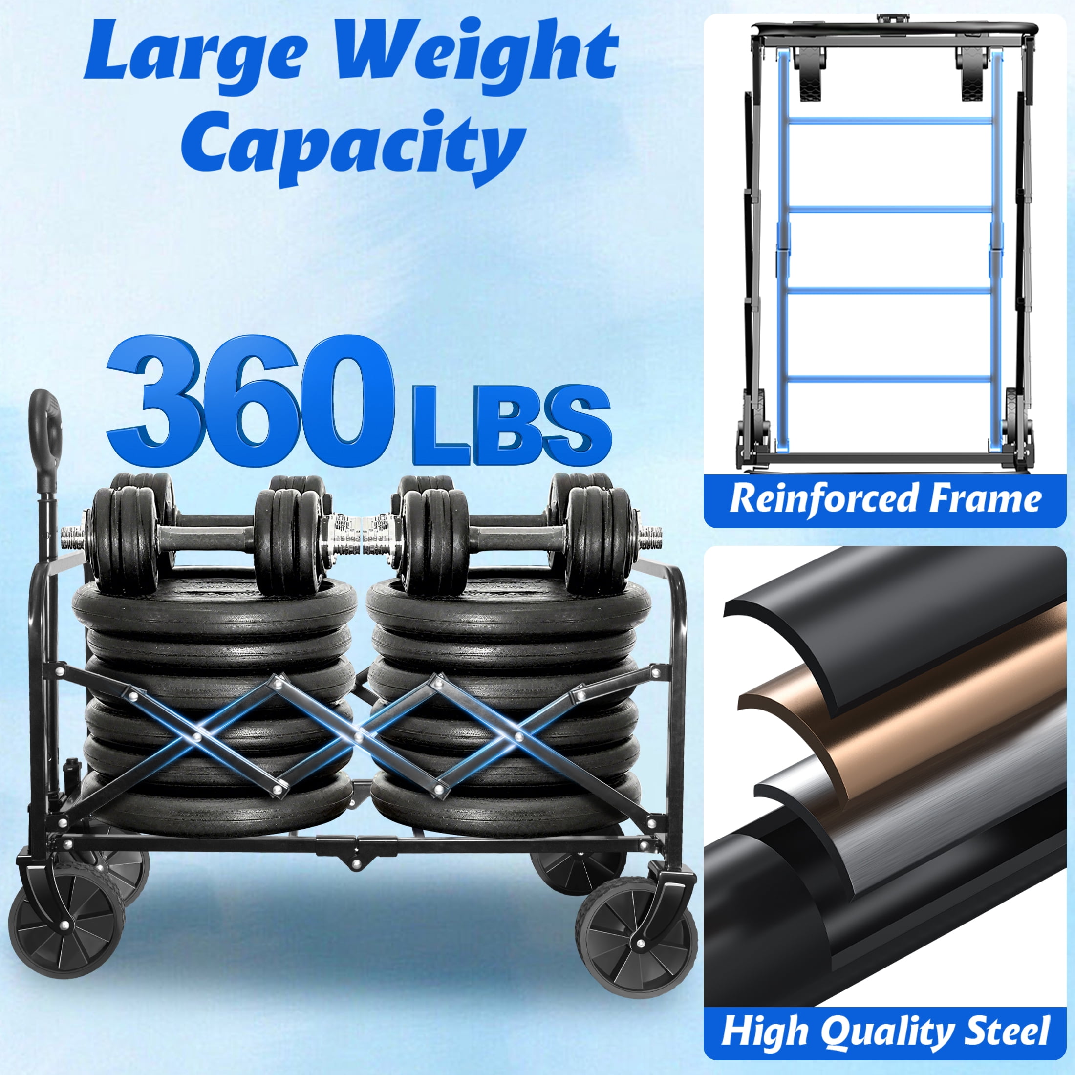 Kovryx Collapsible Wagon Cart Foldable, 360lbs Heavy Duty Folding Wagon with All-Terrain Wheels, Portable Beach Camping Shopping Garden Cart, Black