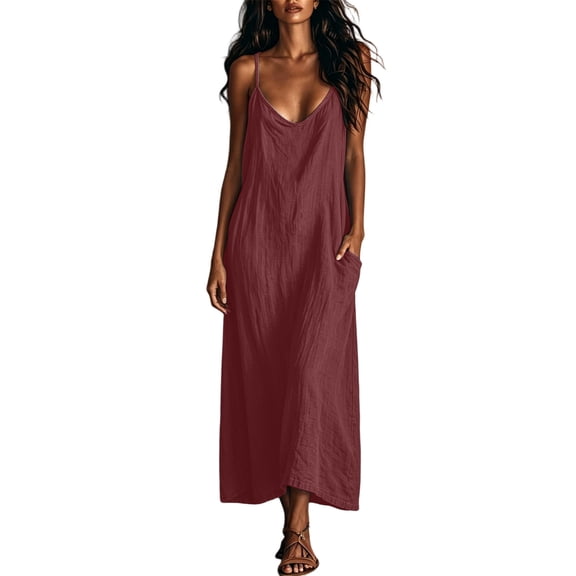 SAWOBUUN Maxi Dresses for Women Cotton Blend Tank Dress Scoop Neck Sleeveless Lightweight Breathable with Pockets