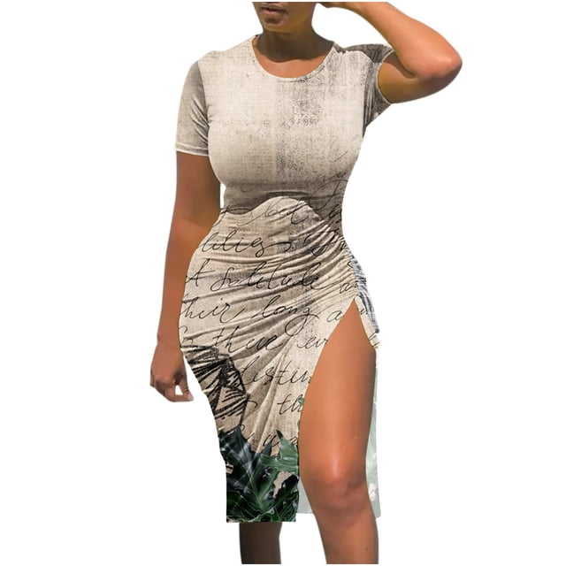 Birdeem Robe Mode Femme Aguichant Col Rond Imprimé Manches Courtes Slim avec Cordon de Serrage