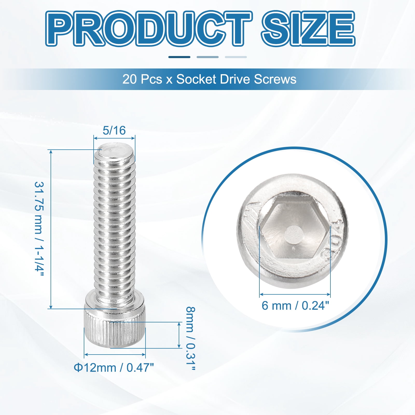 Uxcell Hex Socket Head Cap Screws Bolts, Stainless Steel Screws Bolts, Socket Hex Drive, Full Threads, Bright Finish 5/16-18x1-1/4