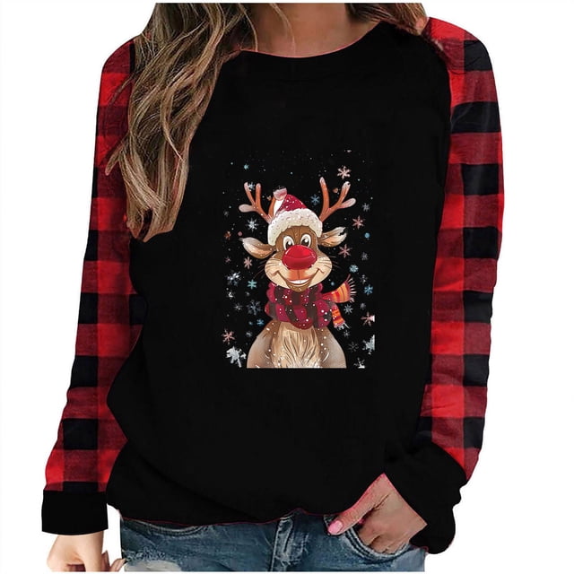 Liquidation Staron Chemises de Noël pour Femmes Chemises de Noël à Imprimé Renne Blouses Rayées Raglan à Manches Longues T-Shirts Graphiques Hauts Chemises de Baseball Décontractées Amples à Col Rond Hauts Rouge TTG