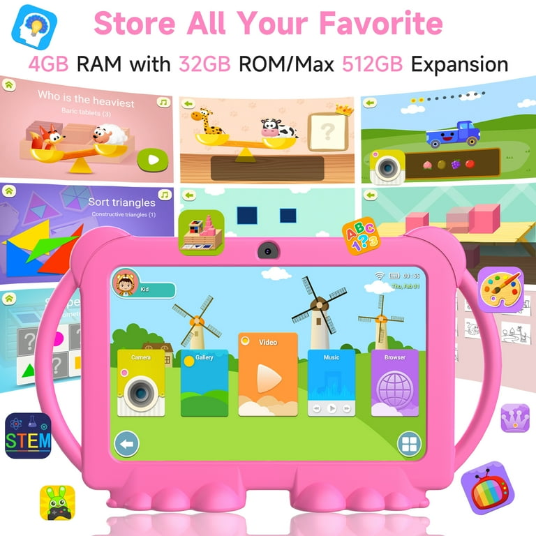 2024 Kids Tablet, Android 12 Tablet for Kids 7 inch, 4+32GB ROM(1TB Expand) Pink