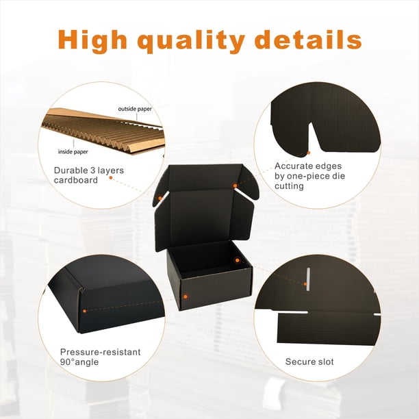 100 Pack 4x4x2 Inch Small Shipping Boxes - Black Corrugated Cardboard Envelopes, No Tape Needed