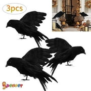 SPENCERTOYS Spencer 3Pack Halloween Realistic Handmade Crow Prop Black Feathered Small Raven Crow Spooky Party Halloween Easter Decoration Bird