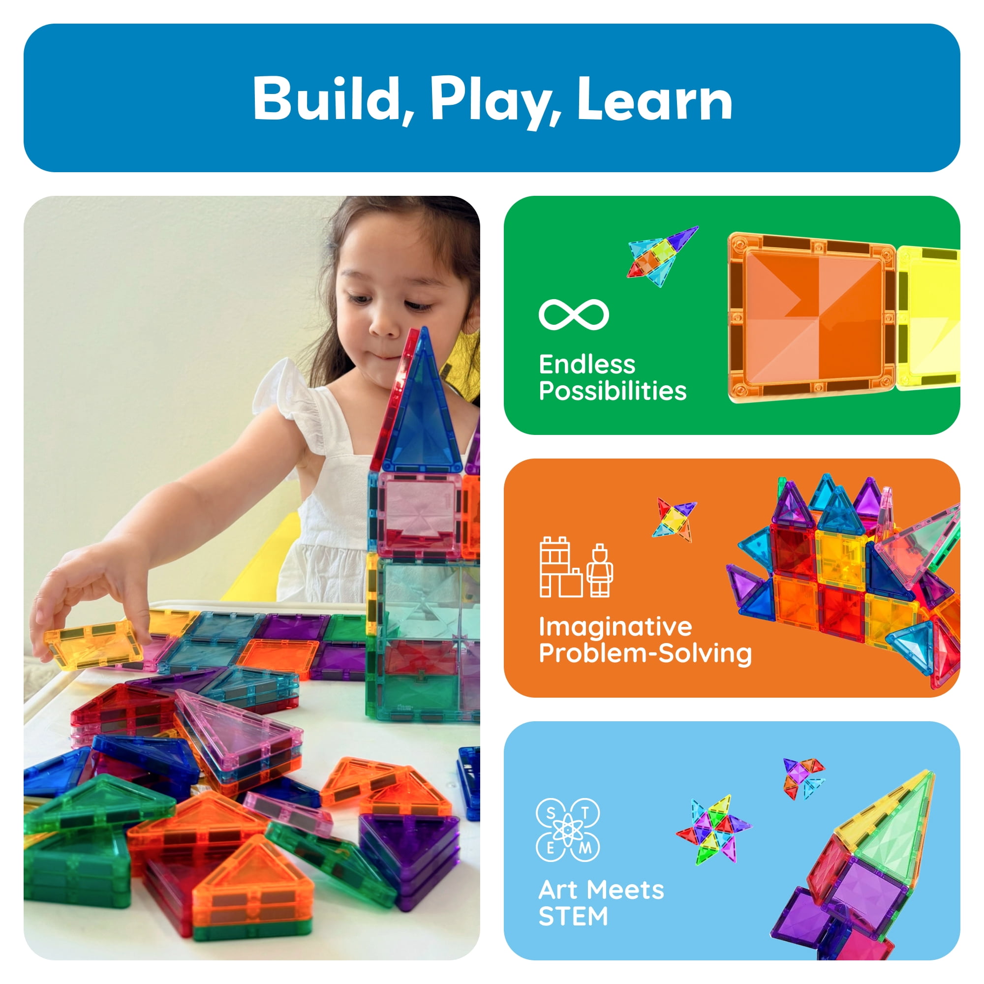 PicassoTiles 61PCS Mini Magnetic Tiles Diamond Set – Travel Size STEM Educational Building Blocks for Kids Toddler, Montessori Creative Learning Toy