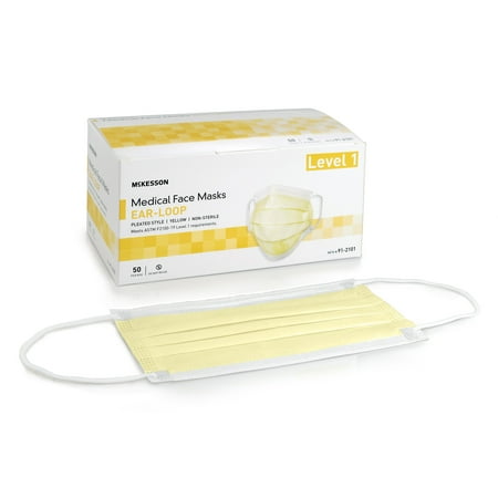 McKesson Disposable Face Masks, 3-Ply Elastic Ear Loops - Yellow Medical Mask, 50 Count, 10 Packs, 500 Total