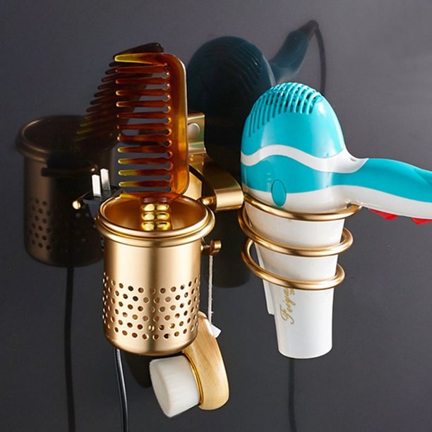 Soporte para secador de pelo de aluminio dorado Space, soporte para secador de pelo, soporte para baño, estante de almacenamiento sin perforaciones