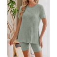 thumbnail image 4 of Weardear Maternity Outfits Set 2 Piece Matching Sets Ribbed Knit Side Split Short Sleeve Shirts and Biker Shorts Pregnancy Loungewear, 4 of 6