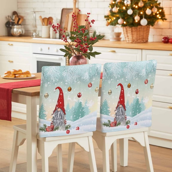 Christmas Gnome Chair Covers Set of 1 Watercolor Teal Xmas Trees Balls Winter Snowflakes Chair Back Covers Stretch Removable Washable Slipcovers Protector for Dining Room Kitchen Party Decor