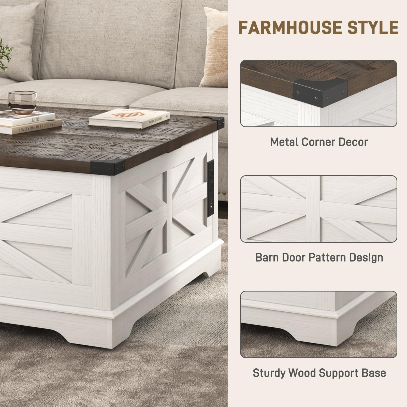 ANPOO 36” Square Lift Top Coffee Table with Power Outlets & Movable Wheels, Farmhouse Coffee Table w/Large Hidden Storage, Multi-Function Lift Wood Center Table for Home, Office,Rustic White