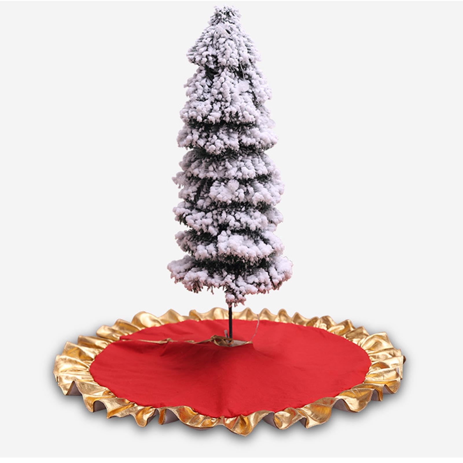 Jupe De Sapin De Noël Luxe Rouge 35.4" - Flanelle Avec Volants Paillettes Dorées, Rennes & Flocons - Grande Décoration
