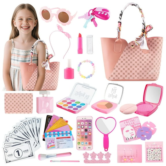 Rirool 42-Piece Toddler Girls Play Purse Set with Pretend Makeup, Handbag, Phone, Silk Scarf – Birthday Gift for Ages 3-12, Pink