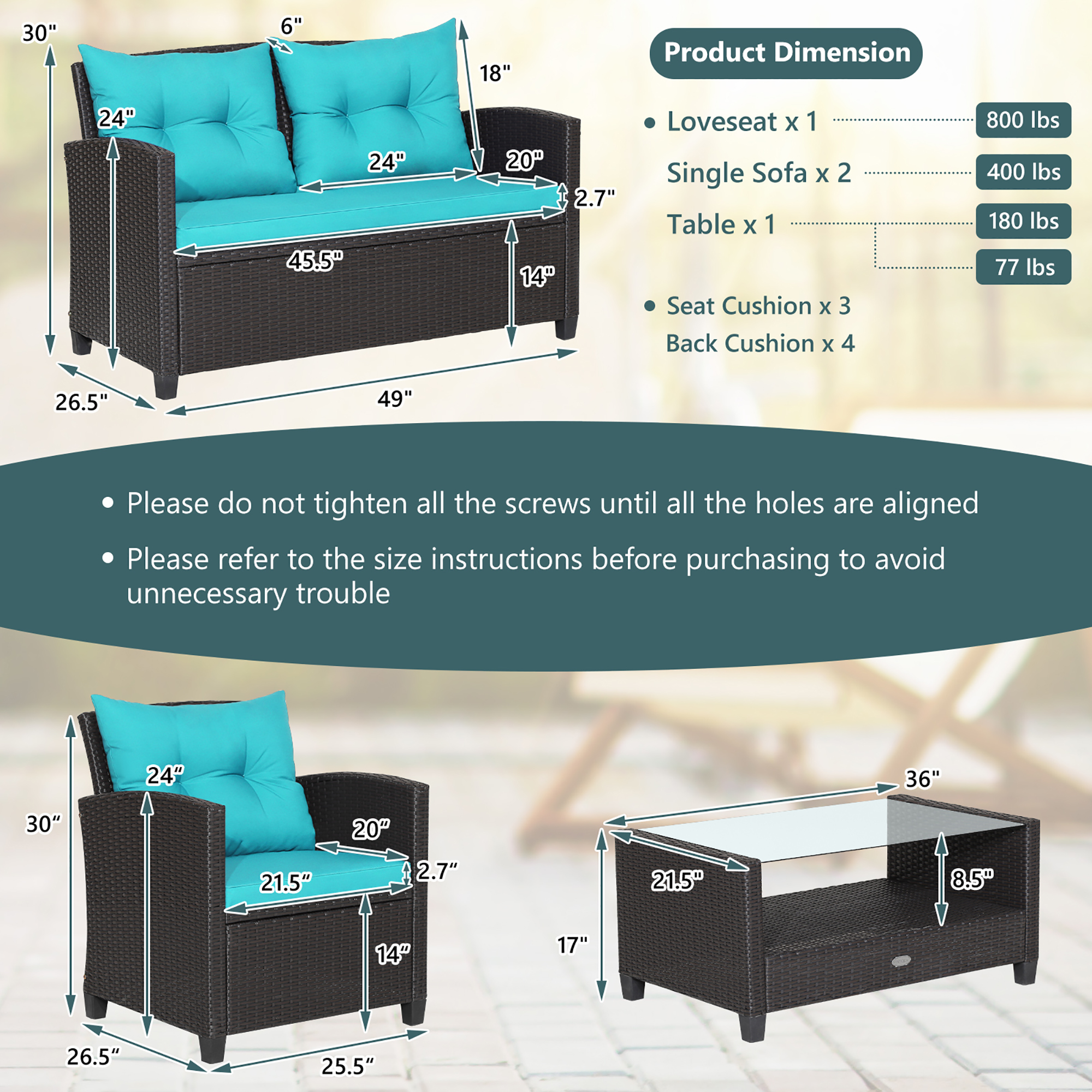 Costway 4 PCS Patio Rattan Furniture Set Glass Table Shelf Sofa Cushion Turquoise - image 4 of 10