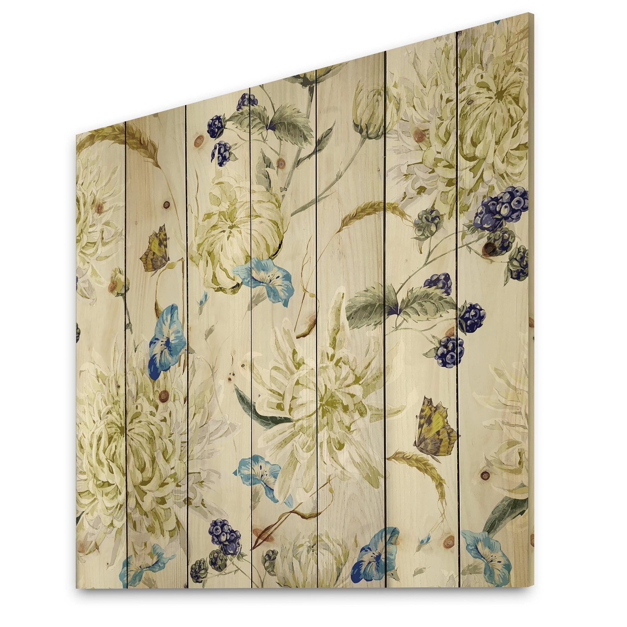 Designart 'Ancient Yellow Chrysanthemus II' Traditional Print on Natural Pine Wood