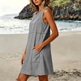thumbnail image 4 of Women's Striped Mini Dress Gingham Tunic Dress Round Neck Sleeveless Loose A Line Sundress with Pockets Lounge Vacation Outfit Black, 4 of 8