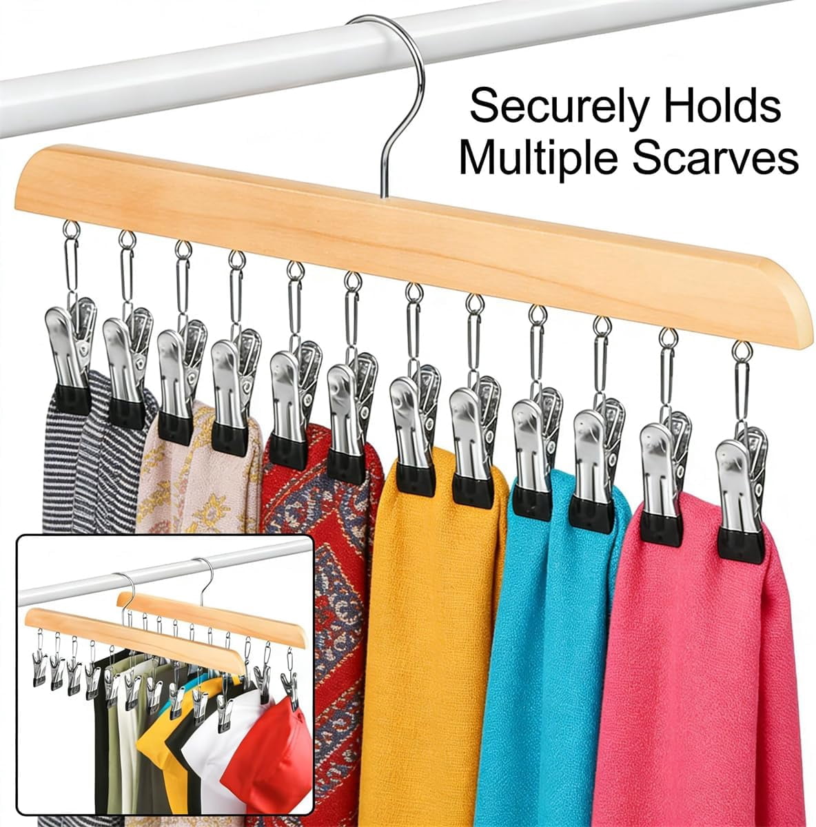 Closet Organizer with 10 Clips - 360° Rotating Wooden Pants Hanger, Space-Saving Rack for Leggings, Jeans and Hats