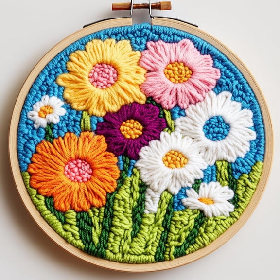 Punch Needle kits Abstract Colorful Daisy Flowers Easy for Beginners DIY Punch Needle Yarn Starter Embroidery Set for Craft lovers with Printed Pattern and Hoop for Home Decor 20x20cm(2)