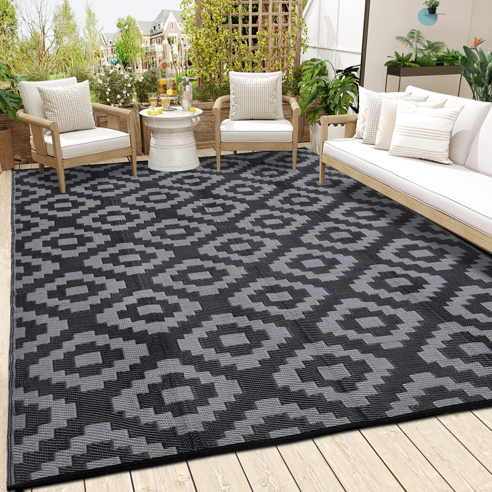 GlowSol 9'x18' Outdoor Plastic Straw Rug Waterproof Large Floor Mat Outside Area Rugs Carpet Reversible Mats for Camping RV Camper Patios Clearance, Black Gray