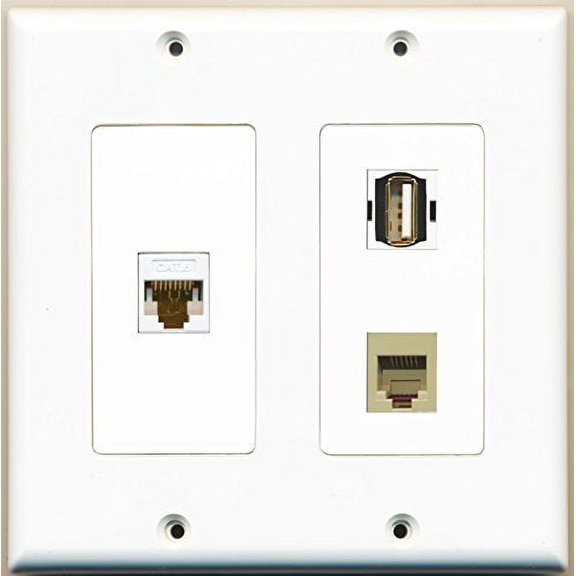 RiteAV - 1 Port USB A-A 1 Port Phone RJ11 RJ12 Beige 1 Port Cat6 Ethernet White - 2 Gang Wall Plate