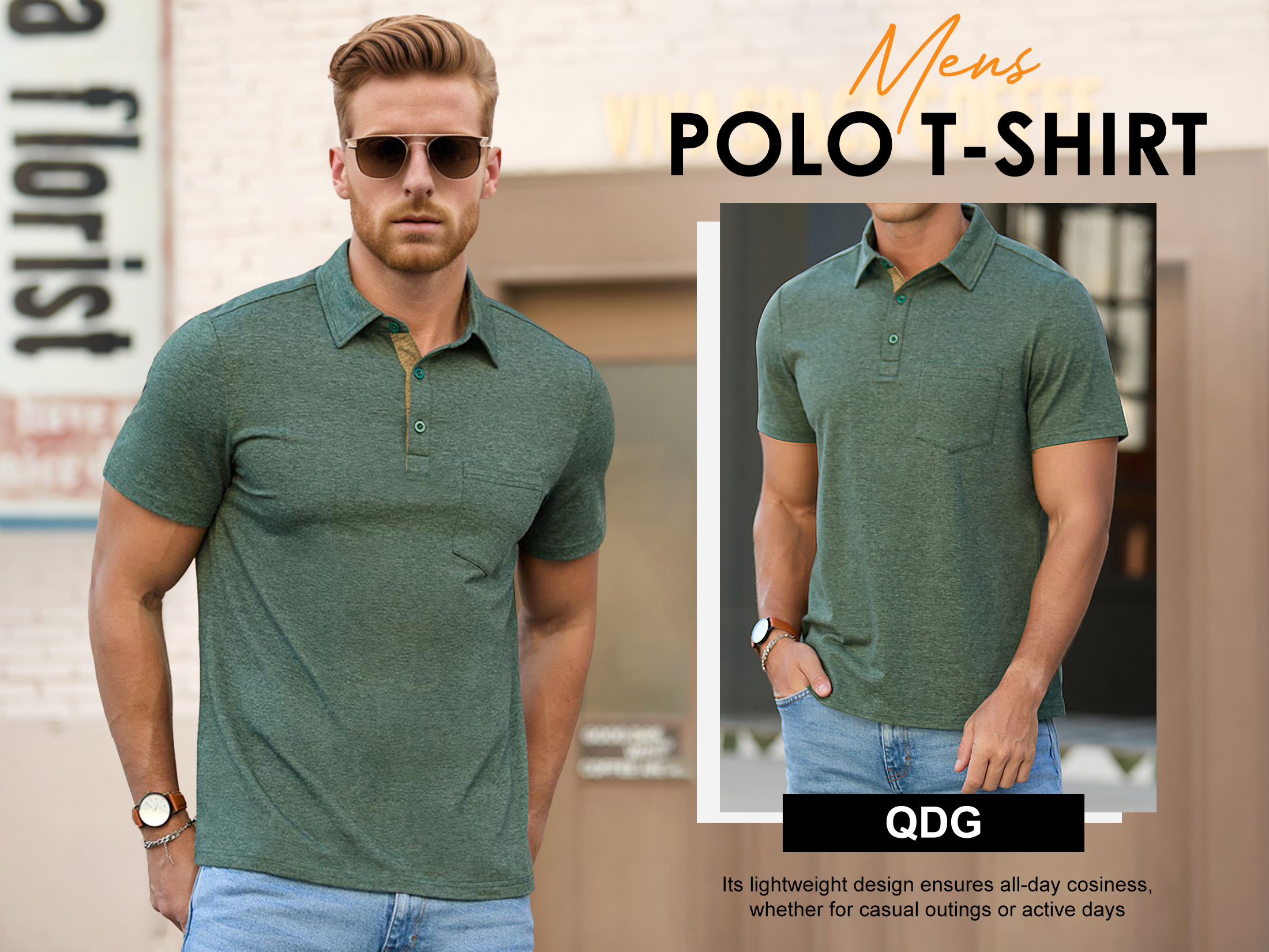 QDG Men's Cotton Polo Shirt with Pocket in Green photo 8