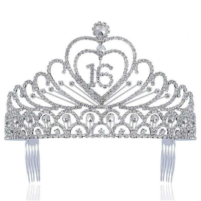 Janefashions Dulces Dieciséis 16 Años 16 Fiesta de Cumpleaños Blanco Claro Cristal Austriaco Diamante de Imitación Tiara de Metal Corona con Peines Princesa Plata T1629