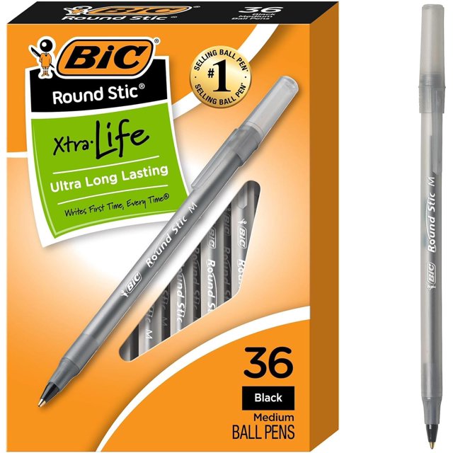 BIC Round Stic Xtra Life Black Ballpoint Pens, Medium Point (1.0mm), 36-Count Pack of Bulk Pens, Flexible Round Barrel for Writing Comfort, No. 1 Selling Ballpoint Pens (Black)