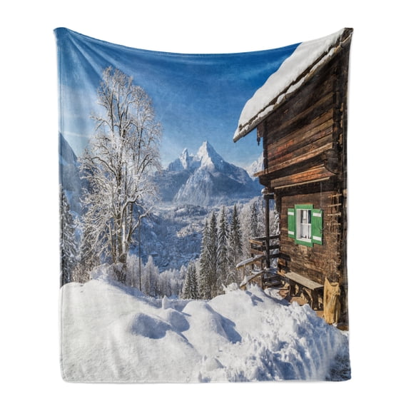 Snow Mountain Soft Flannel Fleece Throw Blanket, Mountainous Landscape Image of Bavarian Alps and Wooden Chalet, Cozy Plush for Indoor and Outdoor Use, 70" x 90", Cobalt Blue Multicolor, by Ambesonne