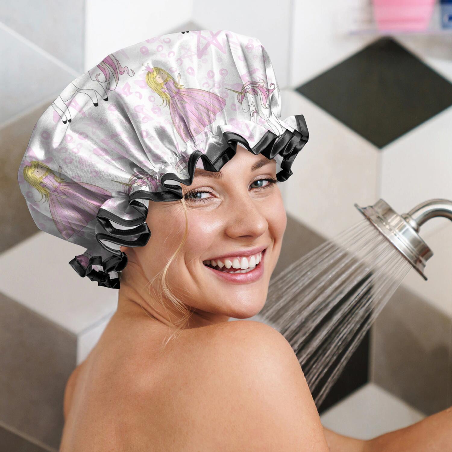Shower Caps,Princess Unicorn Pattern Waterproof Shower Cap for Women 4 Pieces,Double Reusable Hair Cover for Shower PEVA Elastic Stretch Hem