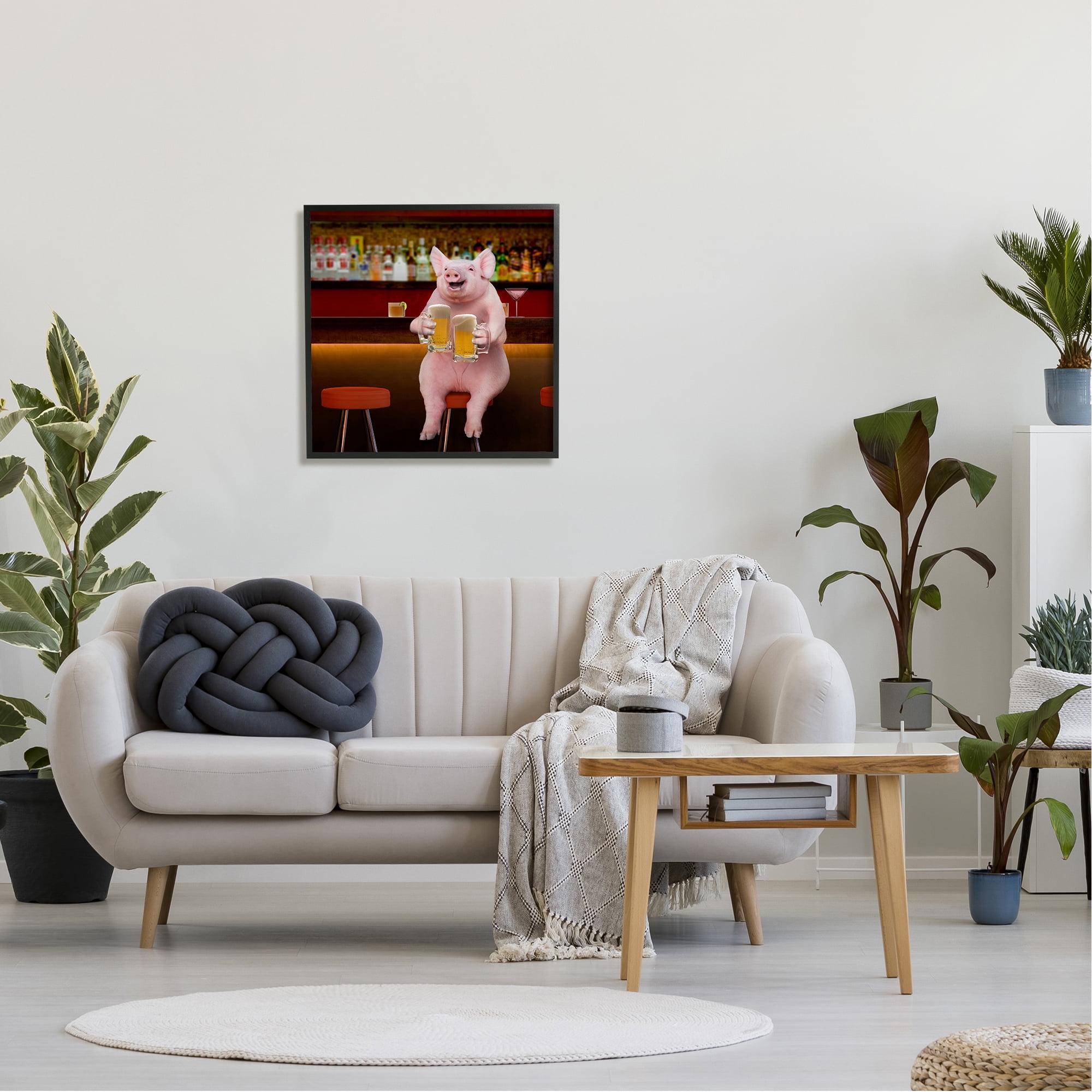 Stupell Industries Pig on Pub Bar Stool Animals & Insects Painting Black Framed Art Print Wall Art, 24 x 24