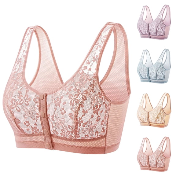 Feancey Plus Size Everyday Bras for Women Button Front Closure Bra Wide Strap Breathable Wireless Brassieres Full Coverage Casual Support Lift Up Bralettes Beige L