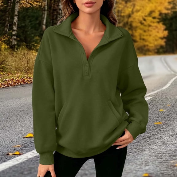 ClodeEU Women's Quarter Button Collared Long Sleeve Sweatshirt,Casual Loose Pullover Top with Pockets Army Green,Women's Plus L
