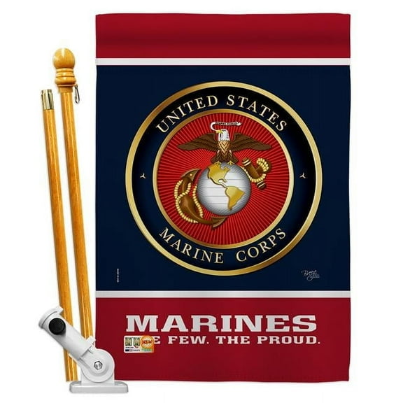 Breeze Decor BD-MI-HS-108406-IP-BO-D-US18-MC 28 x 40 in. Proud Marine Corps Americana Military Impressions Decorative Vertical Double Sided House Flag Set with Pole Bracket Hardware