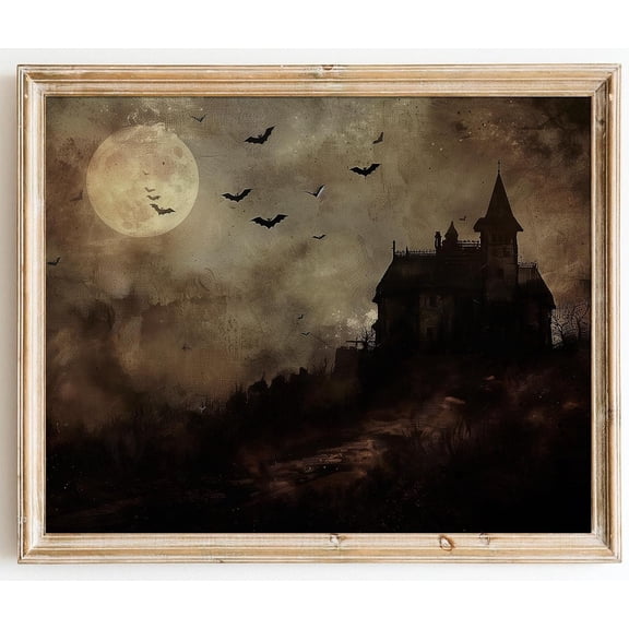 Moody Haunted House Wall Art Print, Gothic Halloween Landscape Decor