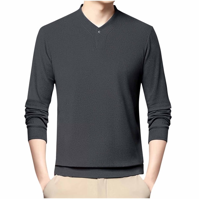 pstuiky camisas de manga larga para hombre, Camisa informal de manga larga con cuello en V y botones de color liso para hombre Tops casuales para hombres m