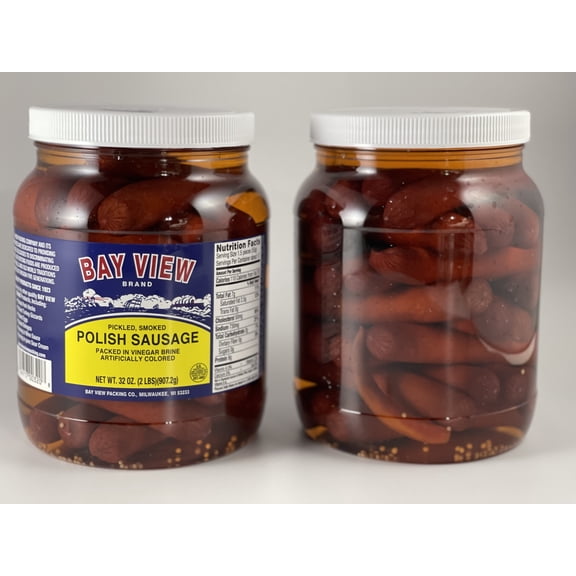 Bay View Smoked Pickled Polish Sausage, No MSG, Gluten Free, No Soy, 0g Sugar, 8g Protein, Hardwood Smoked, Mouthwatering Pickled Snack (32oz, Mild)