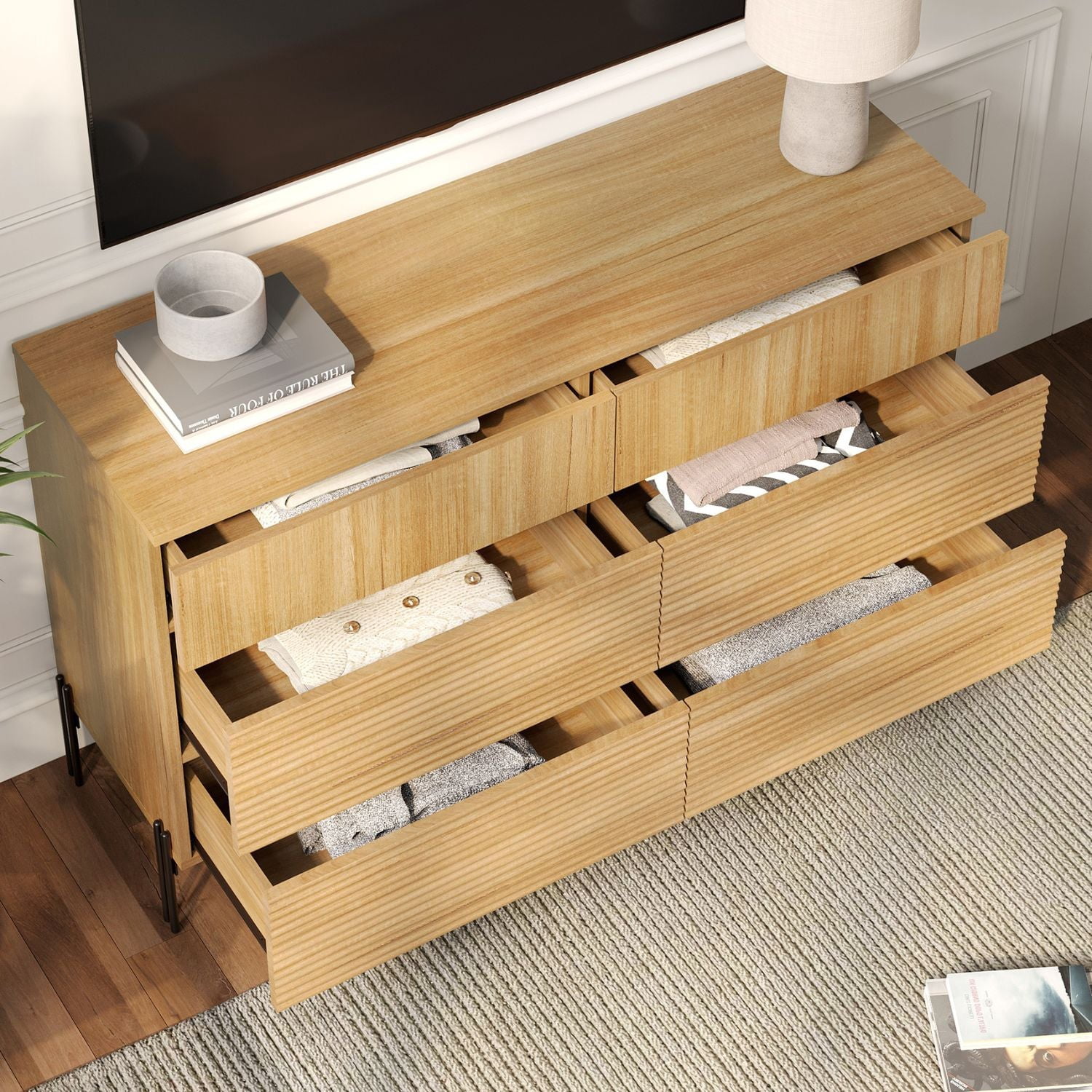 Wampat Mid-Century Modern Dresser for Bedroom, Wood Storage Dresser with 6 Drawers & Waveform Panel, Anti-Tipping , Oak