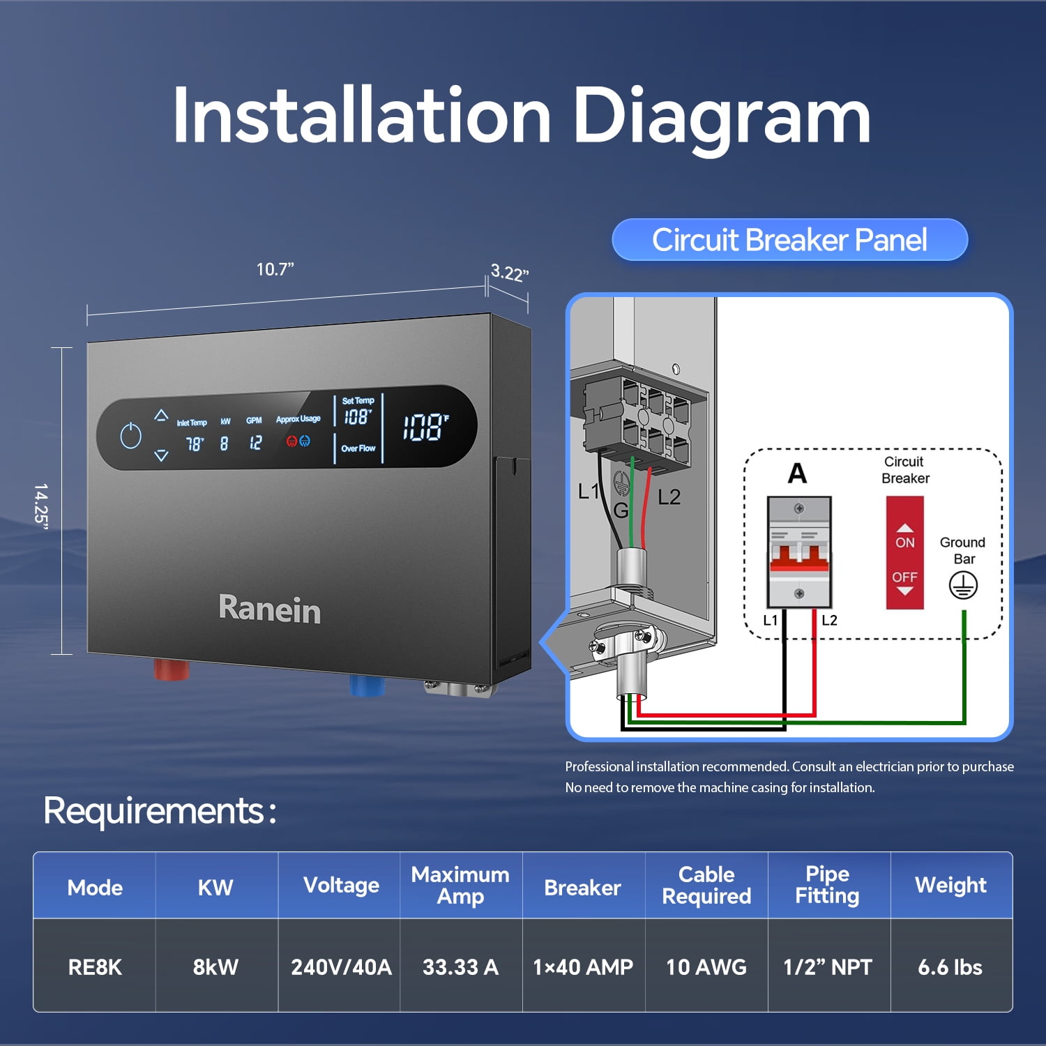 8kW Tankless Electric Water Heater, 240V on Demand Instant Endless Water Heater with LED Temperature Display for Whole House Shower