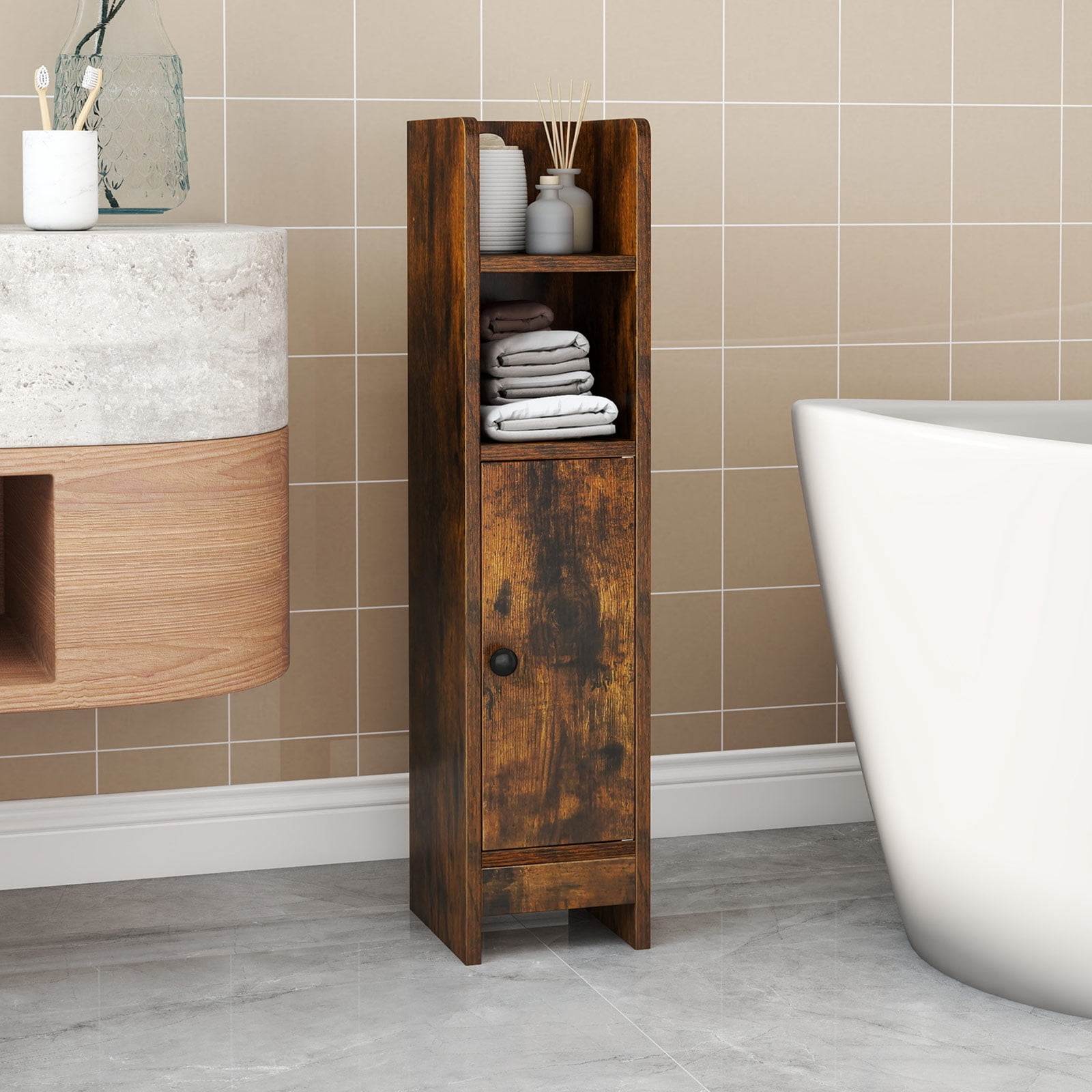 Topbuy Bathroom Storage Cabinet Small Corner Floor Cabinet with Door and Adjustable Shelves Toilet Paper Holder Stand Brown