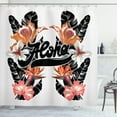 thumbnail image 1 of Aloha Shower Curtain, Calligraphic Layout with Large Flowers and Leaves Exotic Feels, Fabric Bathroom Set with Hooks, 69W X 84L Inches Extra Long, White Charcoal Grey Multicolor, by Ambesonne, 1 of 3