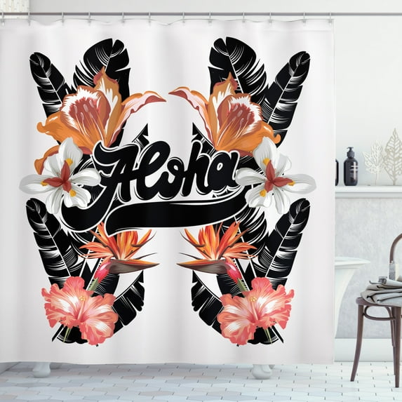 Aloha Shower Curtain, Calligraphic Layout with Large Flowers and Leaves Exotic Feels, Fabric Bathroom Set with Hooks, 69W X 84L Inches Extra Long, White Charcoal Grey Multicolor, by Ambesonne