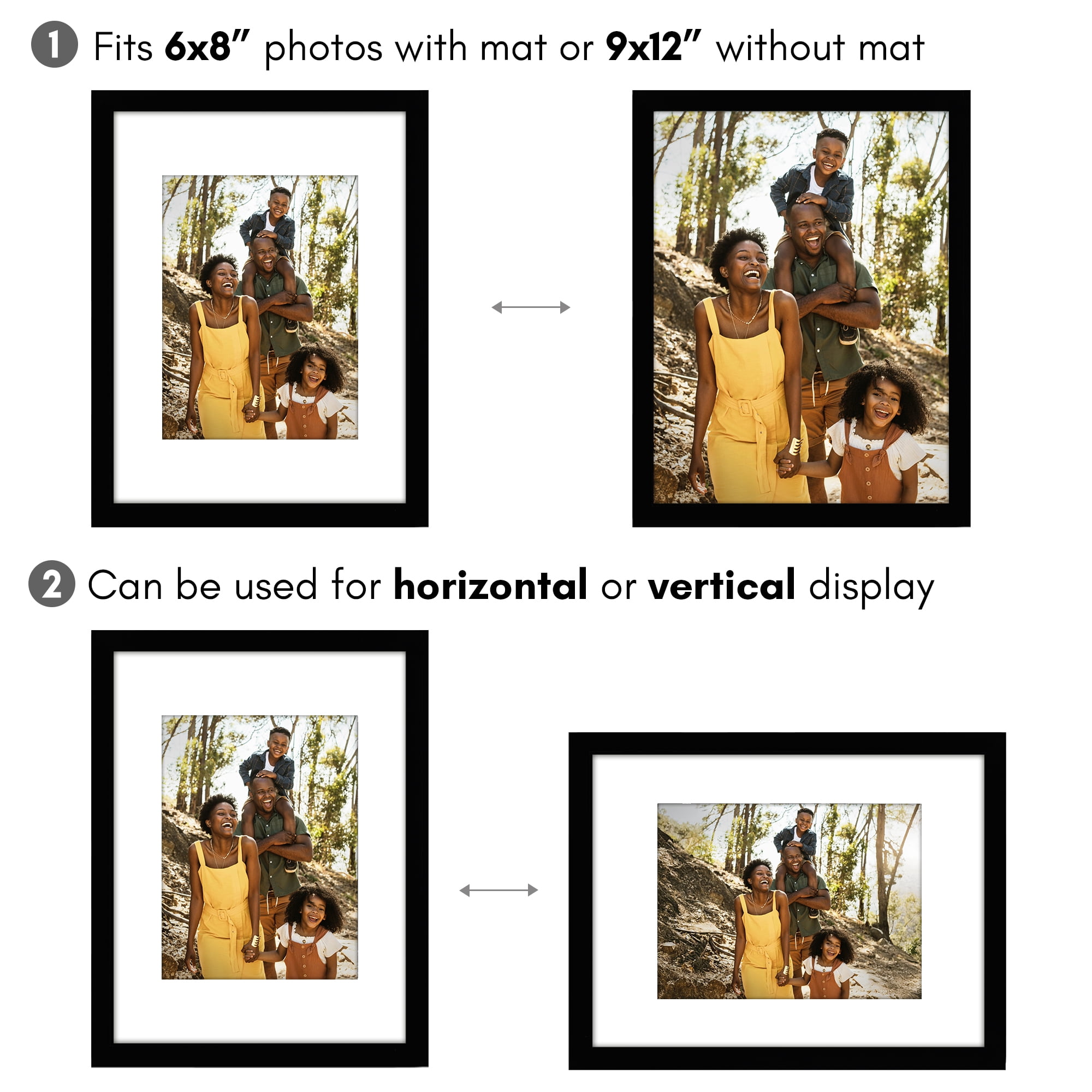 Americanflat 9x12 Picture Frame with Polished Plexiglass with 6x8 Mat 2 Pack Display Photo Galleria - Black