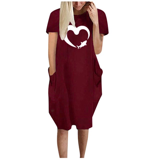 Robes d'Été pour Femmes Manches Courtes Décontractées T-Shirts Robe Imprimée Col Rond Confortable Longueur Genou avec Poches