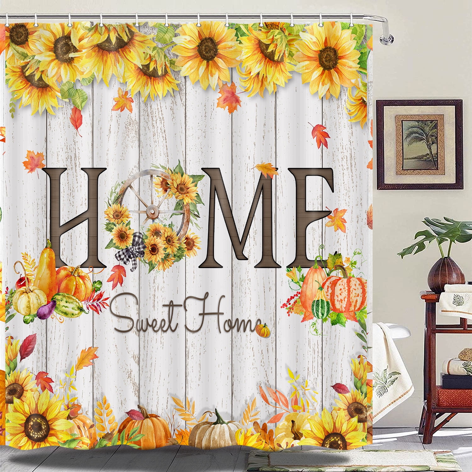 Fall Shower Curtain, Autumn Thanksgiving Sunflower Pumpkin Leaves