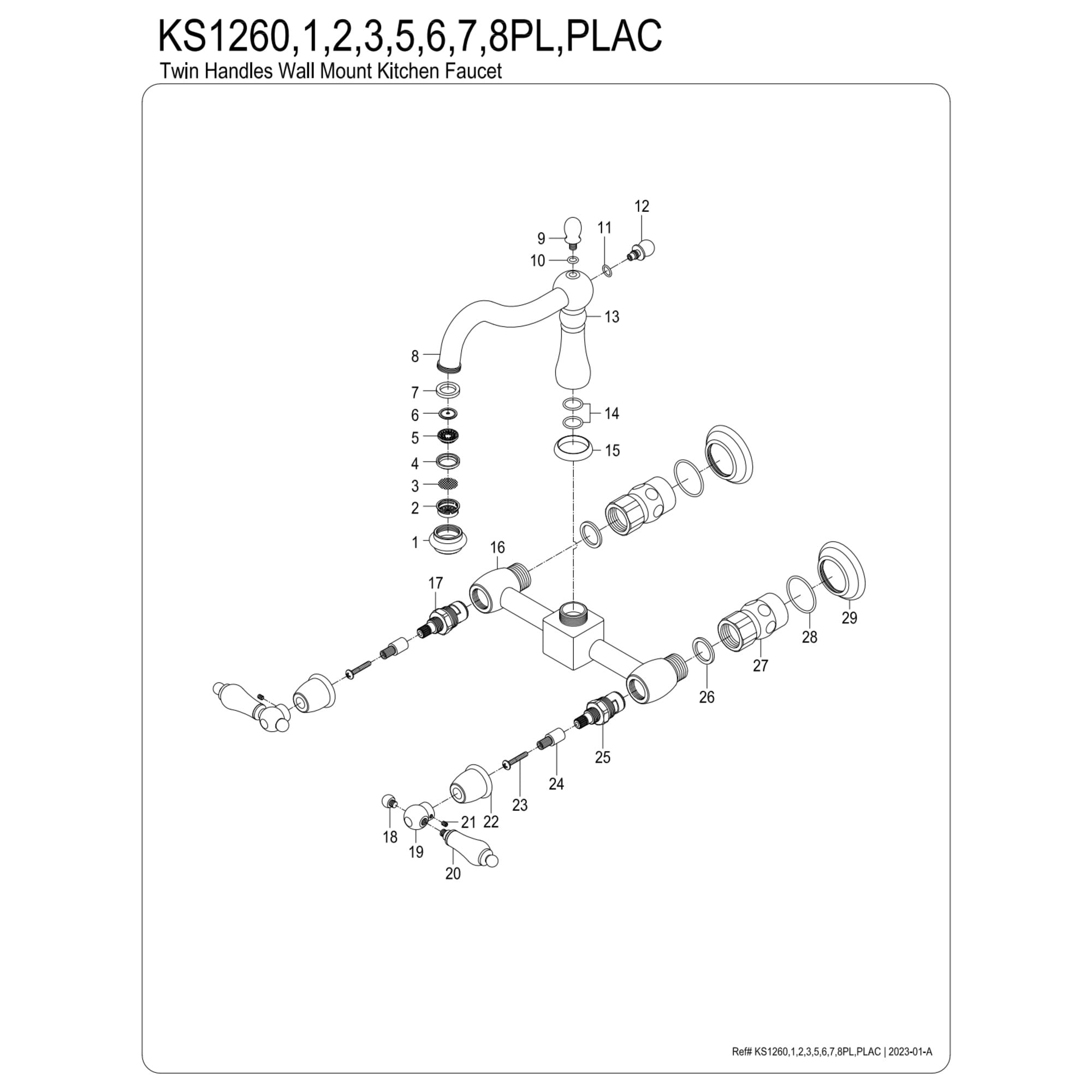 Kingston Brass KS1260PL Heritage Double-Handle Wall-Mount Bridge Kitchen Faucet, Matte Black