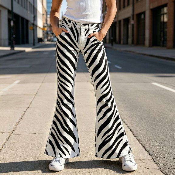 Bysome Pants For Girls Striped Print Elastic Waist With Pockets Flared Trousers Soft Girls Pants Size 5-6 Years White