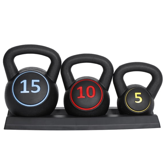 SuperDeal 3-Piece Adjustable Kettlebell Set (5lb, 10lb, 15lb) with Hold Rack – HDPE & Cement-Filled, Non-Slip Grip for Full-Body Fitness