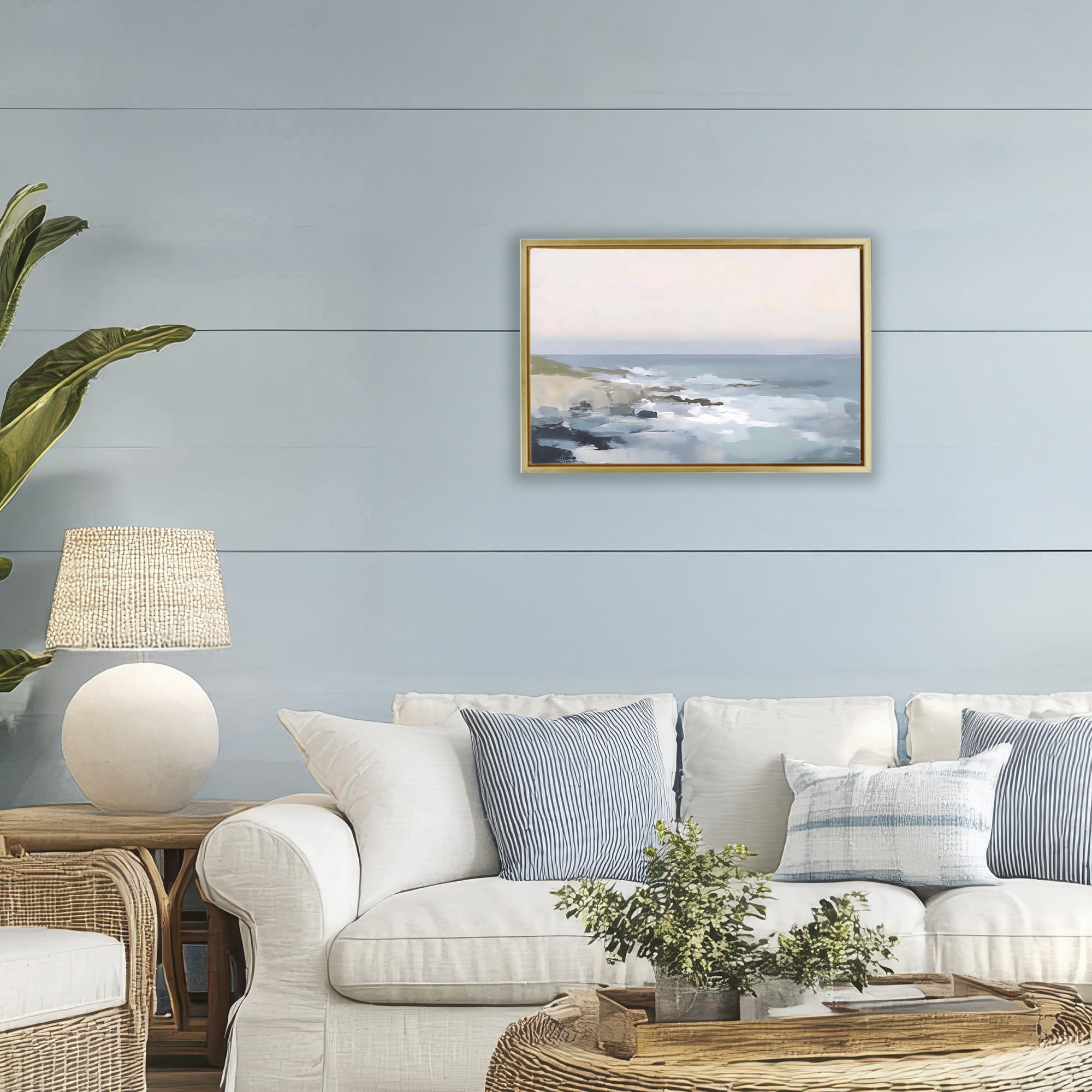 Stupell Industries Serene Coastal Ocean Scene Gold Framed Floater Canvas Wall Art, design by Creative Studio