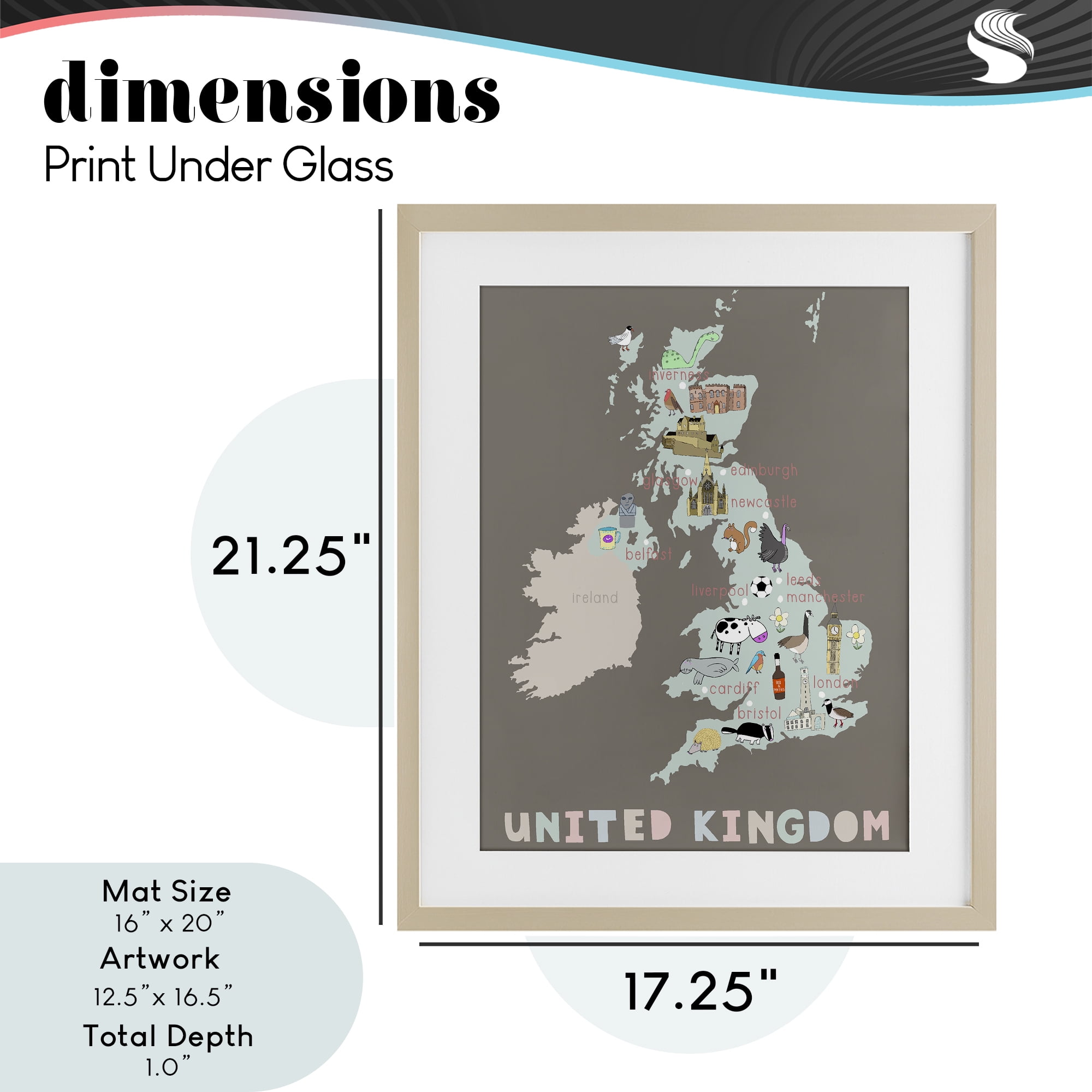Kid's Map of United Kingdom Birch Framed Print Under Glass, design by Carla Daly